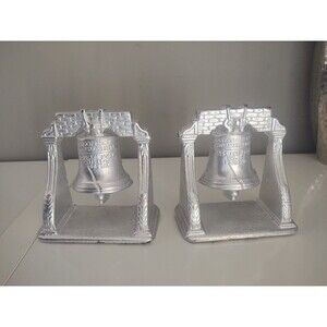 Circa 1920 Silver Painted Finish Cast Iron LIBERTY BELL Bookends Book Ends